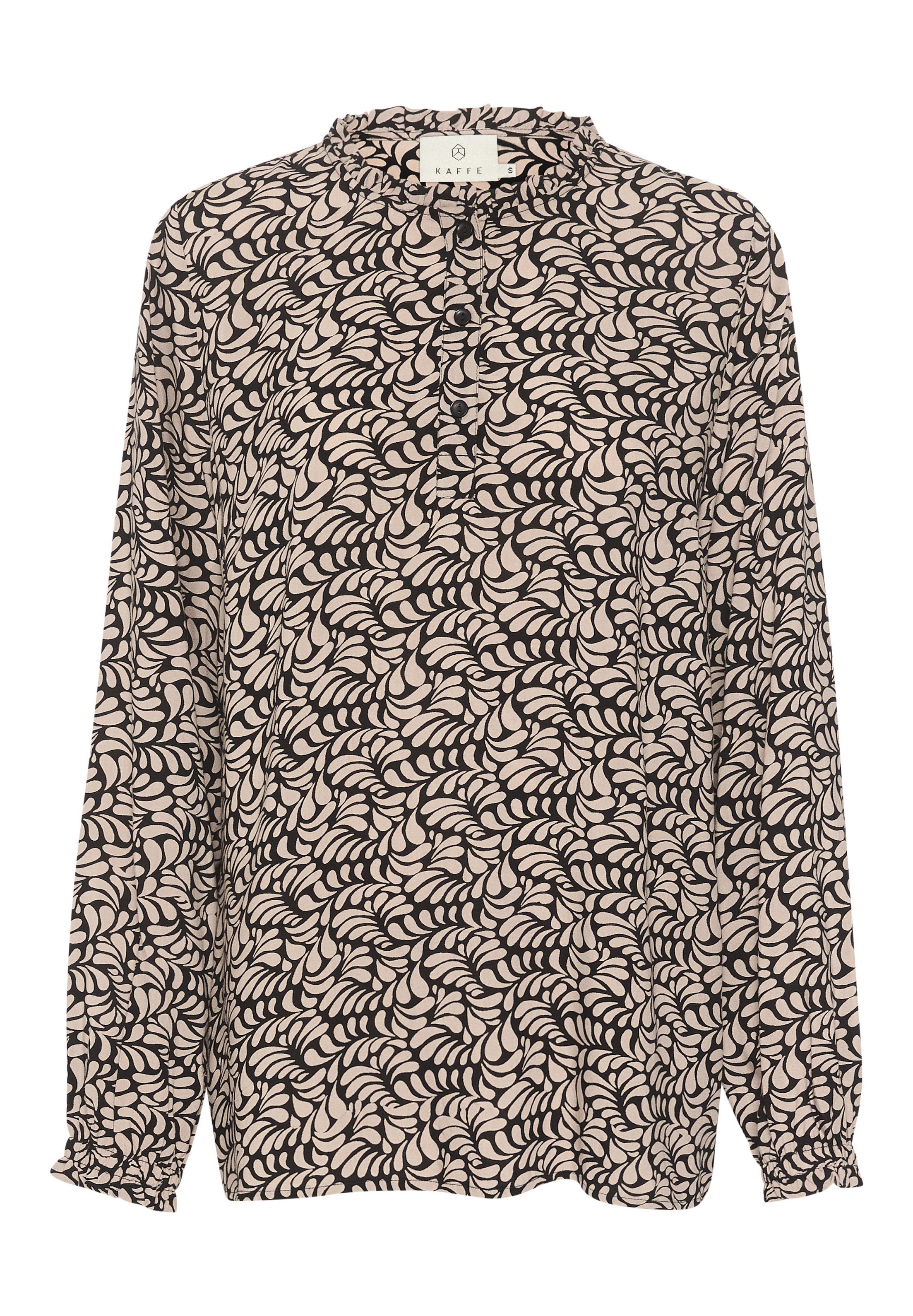 Schwarz-weiße Bluse mit langen Ärmeln, welligem Muster, Knopfverschluss vorne und gerafften Manschetten, mit einem gerafften Kragen.