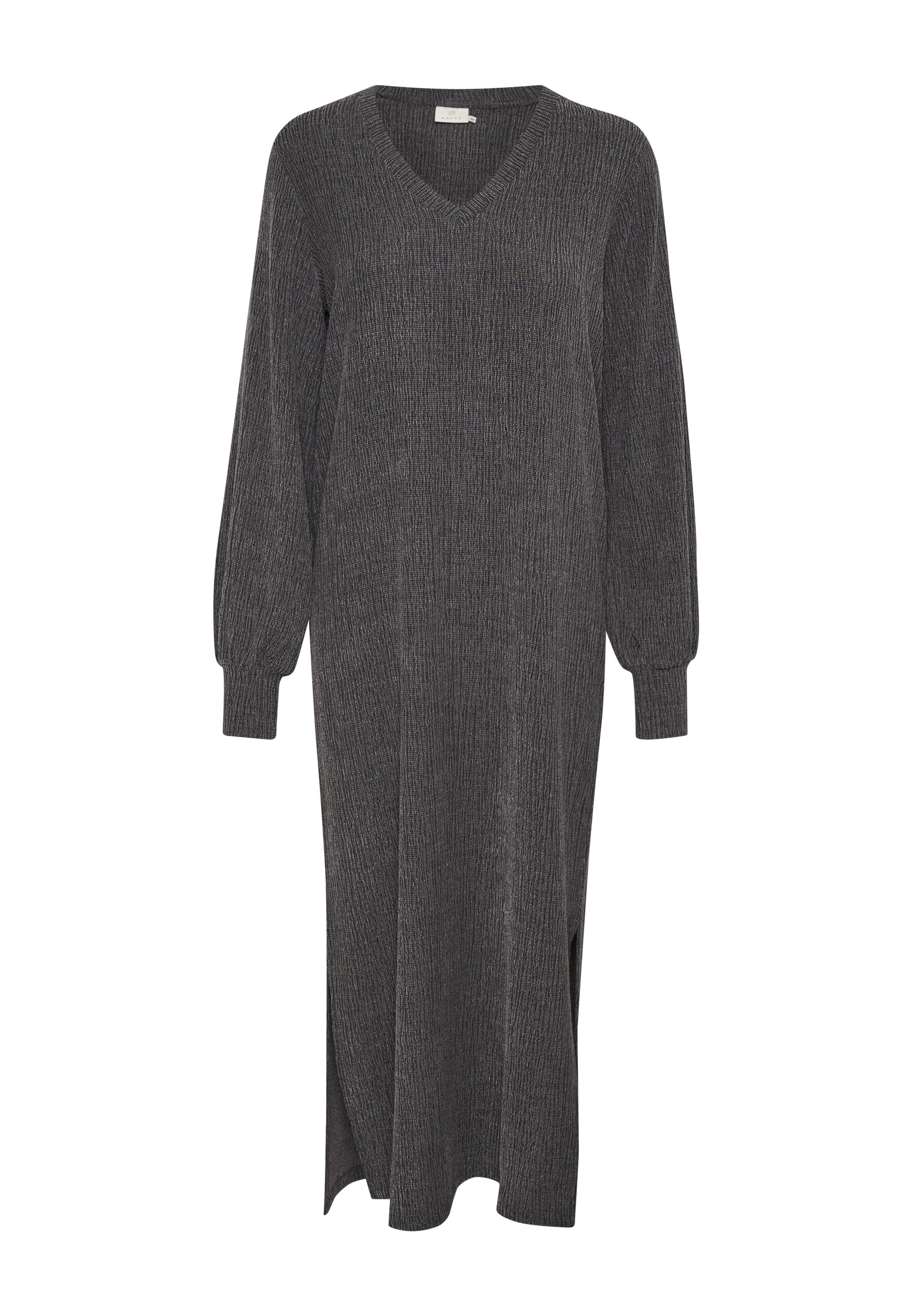 Langes graues Kleid aus gerippter Strickware, mit V-Ausschnitt, langen Ärmeln und seitlichen Schlitzen für mehr Bewegungsfreiheit.