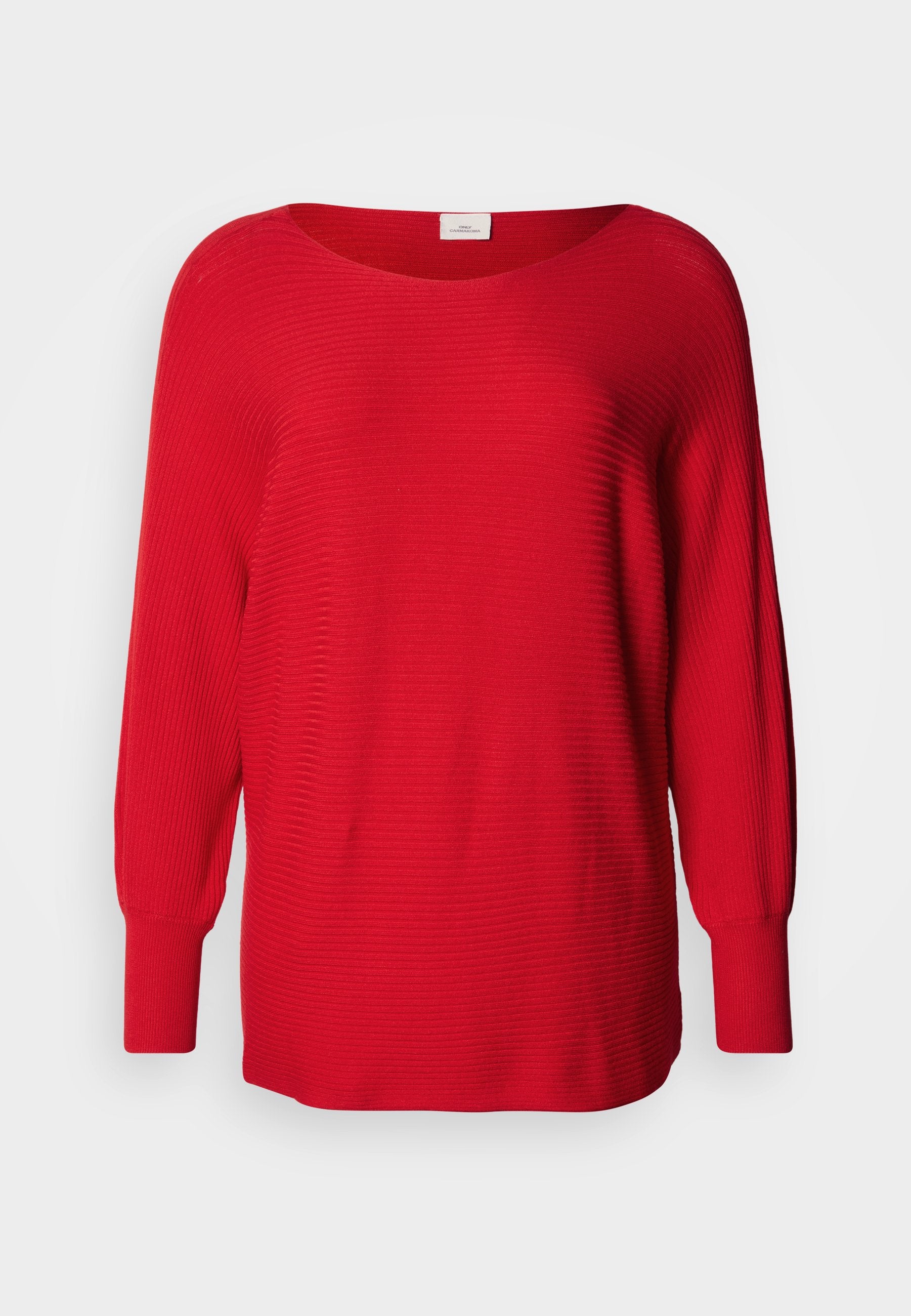 Roter, gerippter Strickpullover mit rundem Ausschnitt, langen Ärmeln und breiten Bündchen. Bietet eine lockere Passform und eine leichte Struktur im gesamten Material.