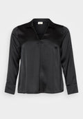 Schwarze Satinbluse mit V-Ausschnitt, langen Ärmeln und dezentem gepunktetem Muster. Verfügt über einen klassischen Kragen und geknöpfte Manschetten für einen eleganten Look.