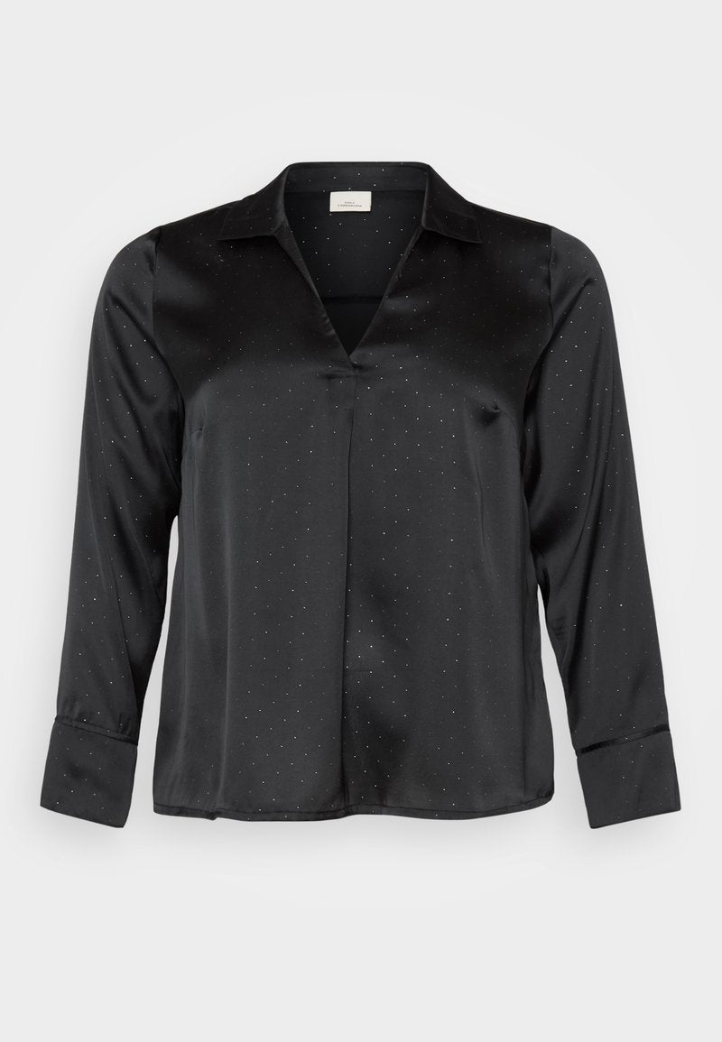 Schwarze Satinbluse mit V-Ausschnitt, langen Ärmeln und dezentem gepunktetem Muster. Verfügt über einen klassischen Kragen und geknöpfte Manschetten für einen eleganten Look.