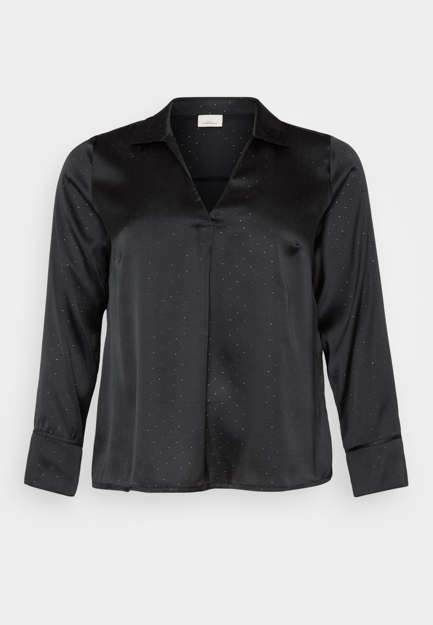 Schwarze Satinbluse mit V-Ausschnitt, langen Ärmeln und dezentem gepunktetem Muster. Verfügt über einen klassischen Kragen und geknöpfte Manschetten für einen eleganten Look.