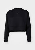 Schwarzer, verkürzter Sweatshirt aus weichem Stoff. Mit Stehkragen, langen Ärmeln und einem weißen Nike-Logo auf der Brust. Glatte Textur.