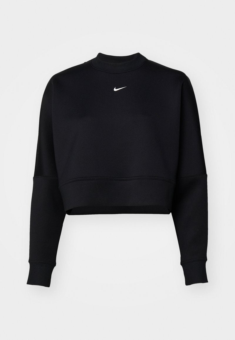 Schwarzer, verkürzter Sweatshirt aus weichem Stoff. Mit Stehkragen, langen Ärmeln und einem weißen Nike-Logo auf der Brust. Glatte Textur.