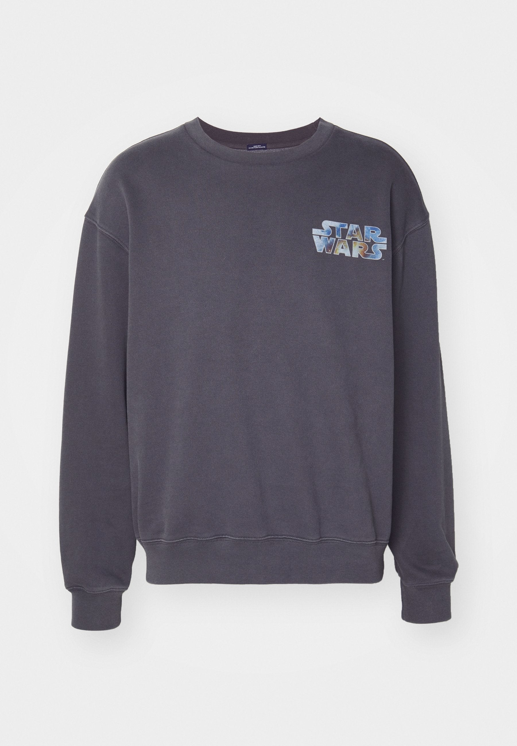 Grauer Sweatshirt mit Rundhalsausschnitt und Rippbündchen. Mit einem auffälligen "Star Wars"-Grafikdesign in Blau- und Hellblau-Tönen auf der Brust.