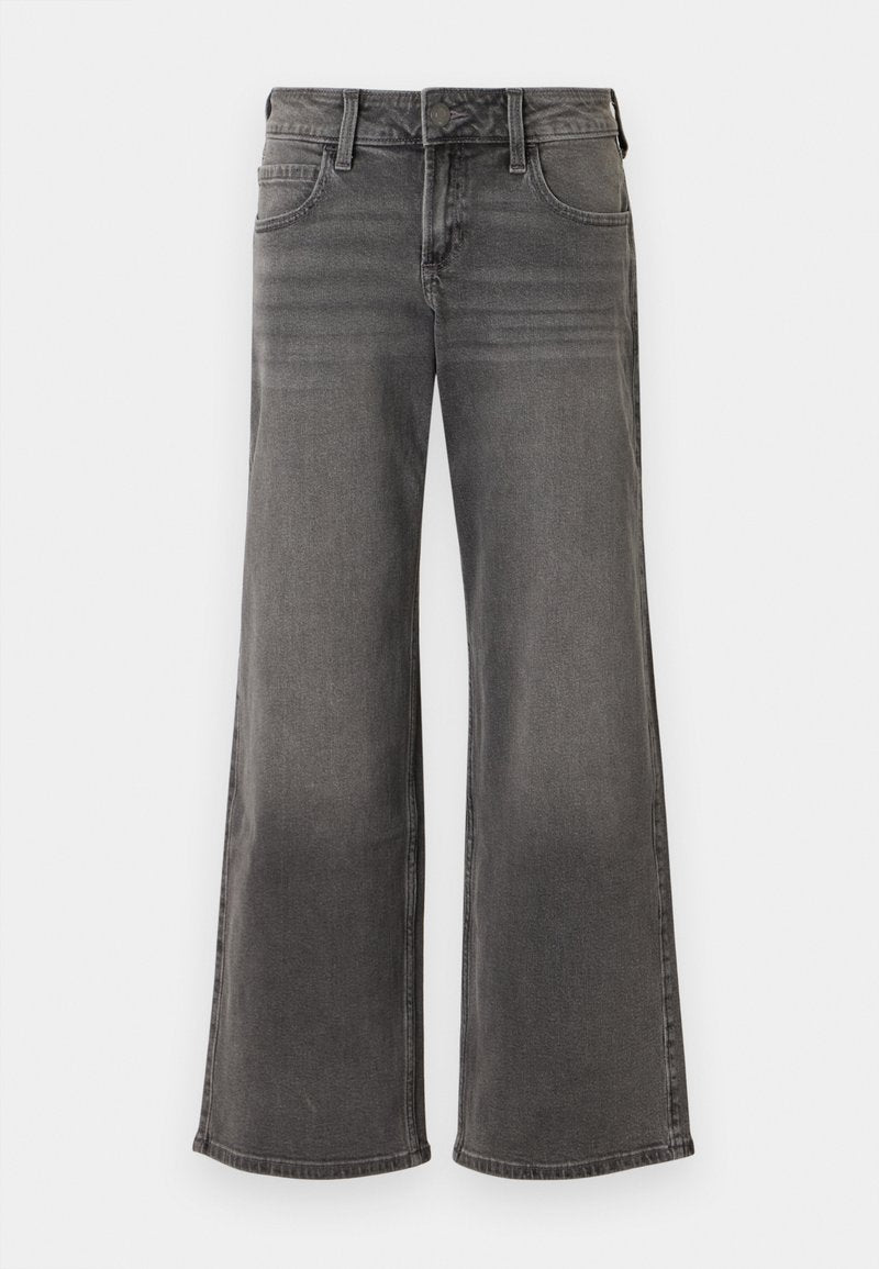 Graue weit geschnittene Jeans aus Denim, mit einem klassischen Fünf-Taschen-Design, Knopfverschluss und Stichdetails entlang der Nähte.