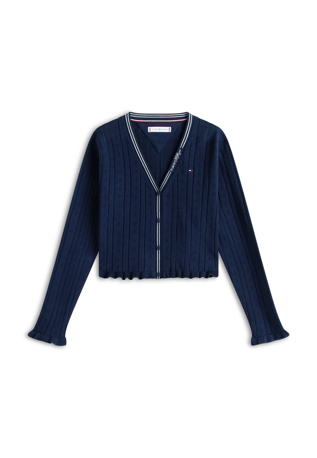 POINTELLE RUFFLE TRIM V-NECK CARDIGAN Media 1