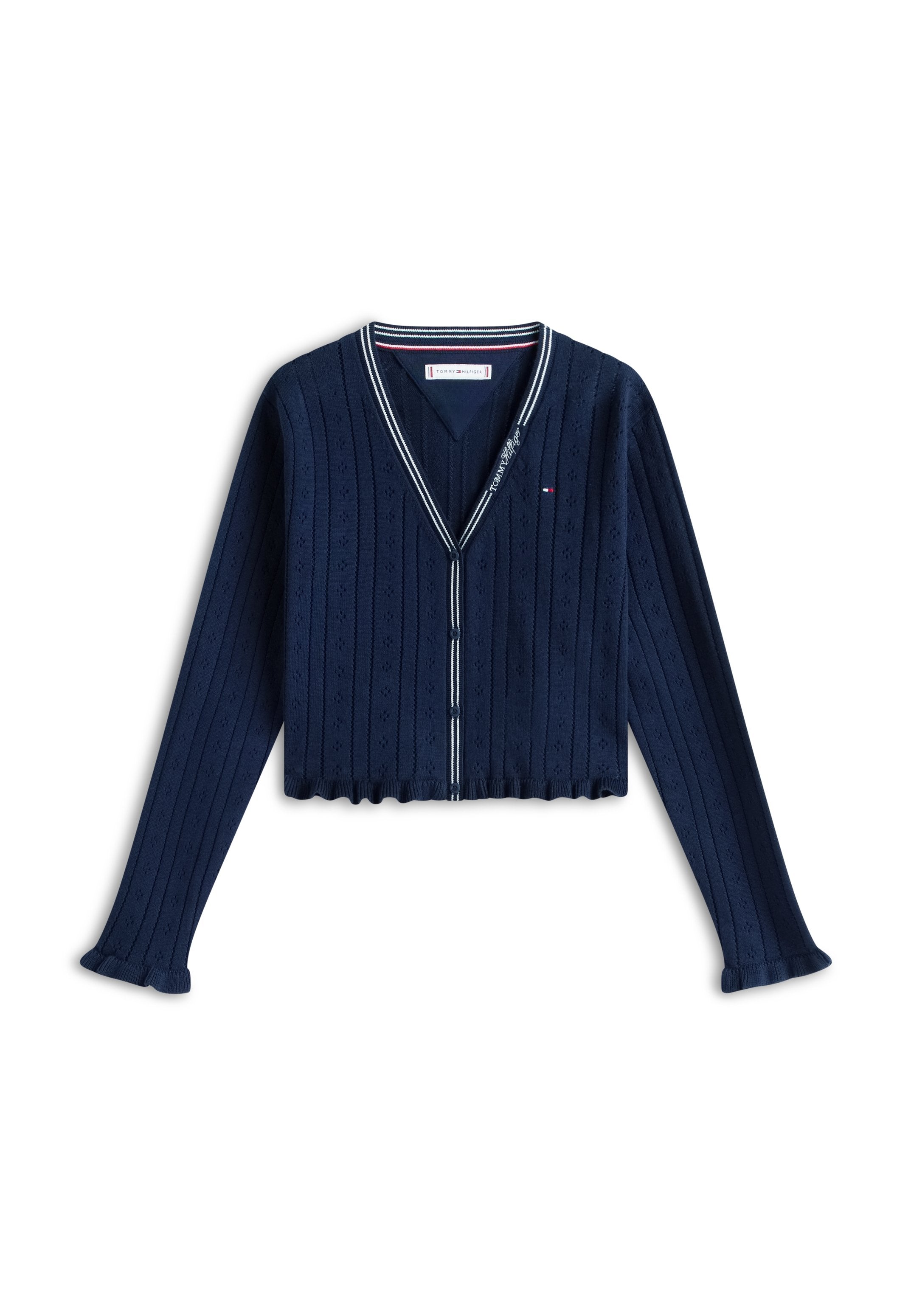 POINTELLE RUFFLE TRIM V-NECK CARDIGAN Media 1