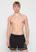 Schwarze Badeshorts mit elastischem Bund und Kordelzug. Mit besticktem Design an der Seite und einem kontrastierenden gemusterten Saum.