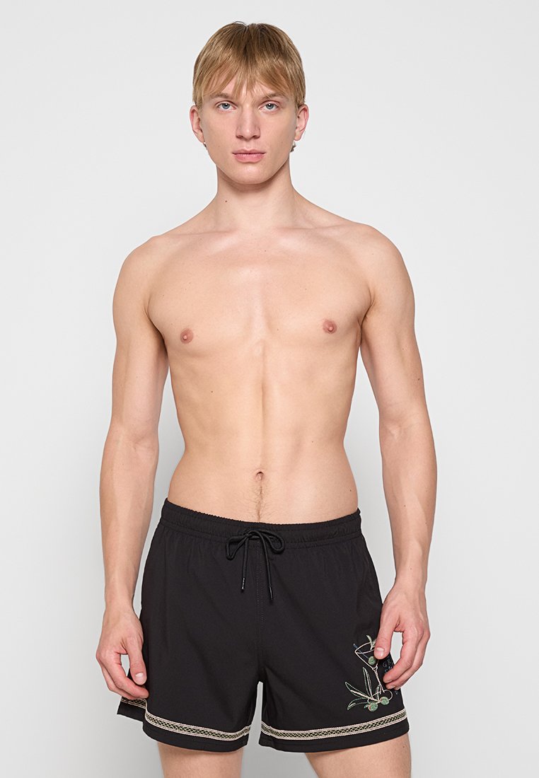 Schwarze Badeshorts mit elastischem Bund und Kordelzug. Mit besticktem Design an der Seite und einem kontrastierenden gemusterten Saum.