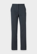 Dunkelblaue Hose mit vertikalen Nadelstreifen, taillierter Schnitt, glatte Textur, gerade Beine und ein standardmäßiger Bund.