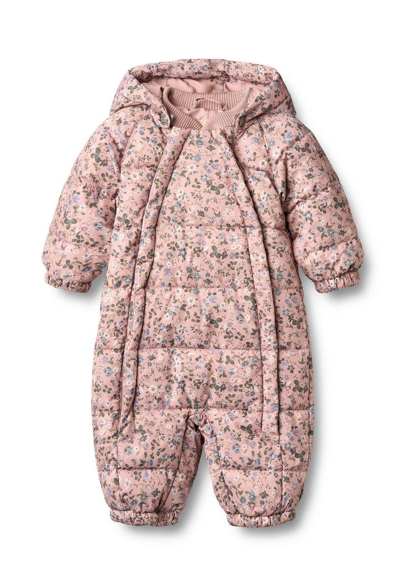 Rosa gesteppten Schneeanzug mit Blumenmuster, mit Kapuze, elastischen Bündchen und Druckknopfverschluss. Weicher Stoff mit wattierter Isolierung.