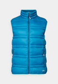 Blaues, puffy Weste aus glattem, gestepptem Stoff. Mit hohem Kragen, Reißverschluss vorne und seitlichen Taschen mit Reißverschlüssen. Logo unten rechts.