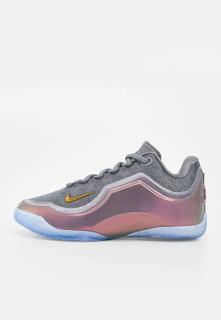 Grauer und rosafarbener flacher Sportschuh mit goldenem Nike-Swoosh und durchscheinender blauer Sohle, von der rechten Seite auf weißem Hintergrund gezeigt.