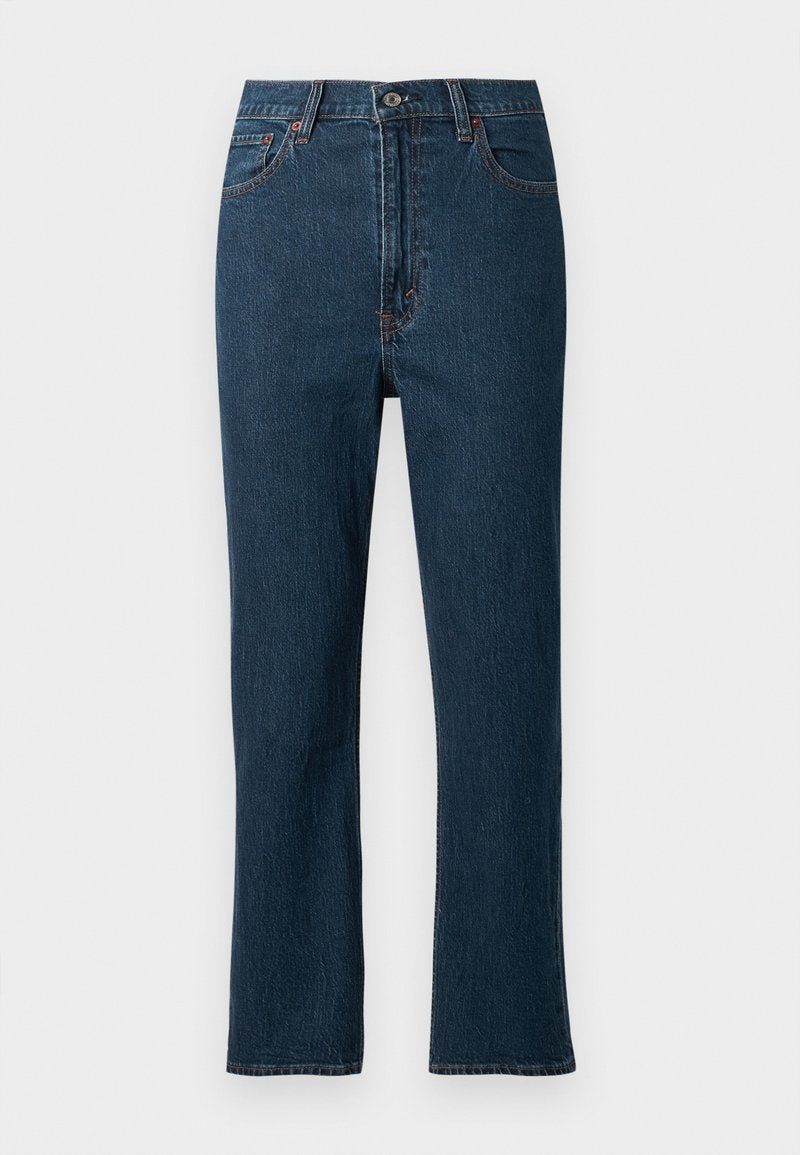 Dunkelblaue Denim-Jeans mit geradem Bein, ausgestattet mit einem Knopfverschluss, fünf Taschen und kontrastfarbener Naht. Glatte Textur.