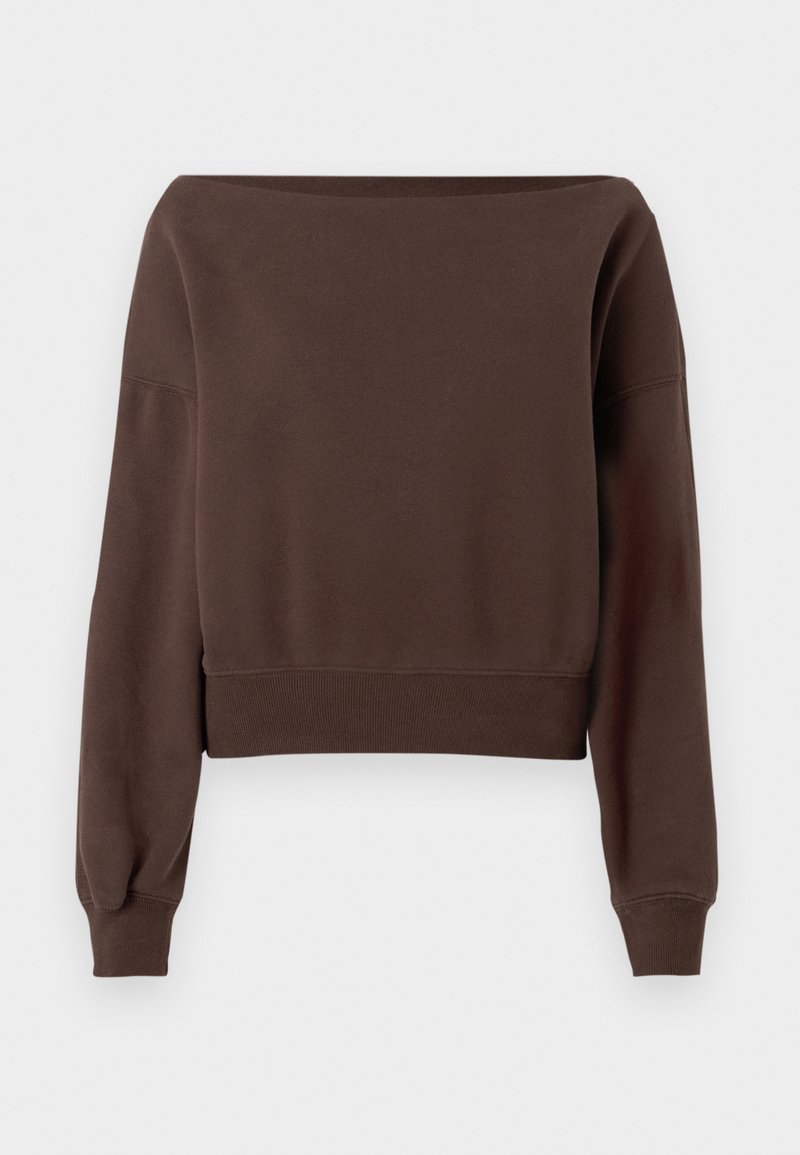 Brauner, kurzer Sweatshirt mit weit ausgeschnittenem Hals, langen Ärmeln sowie gerippten Bündchen und Saum. Hergestellt aus weichem, strukturiertem Stoff.