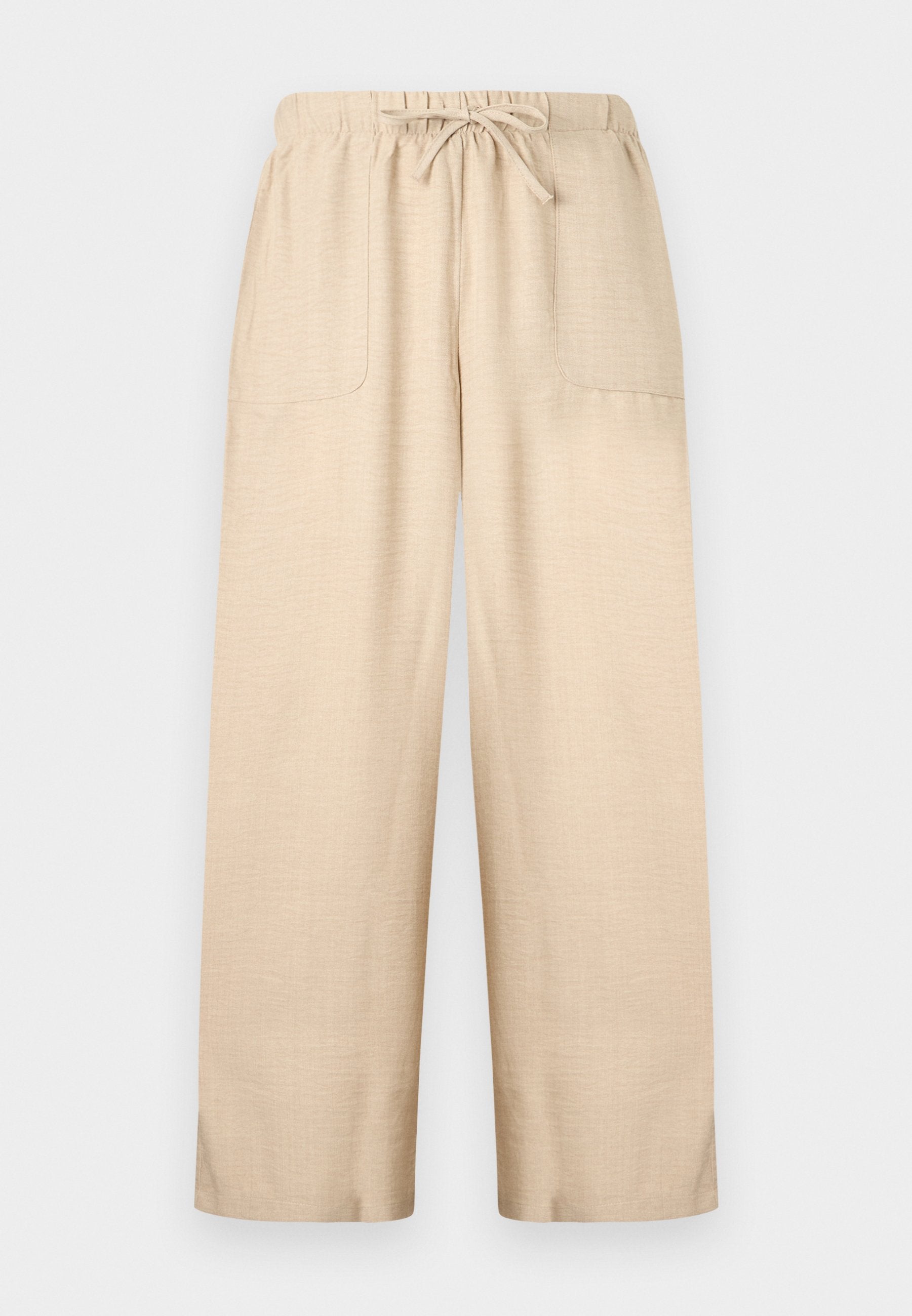 Beige weite Hose mit elastischem Bund, verstellbarem Kordelzug und zwei aufgesetzten Fronttaschen aus leichtem, strukturiertem Stoff.