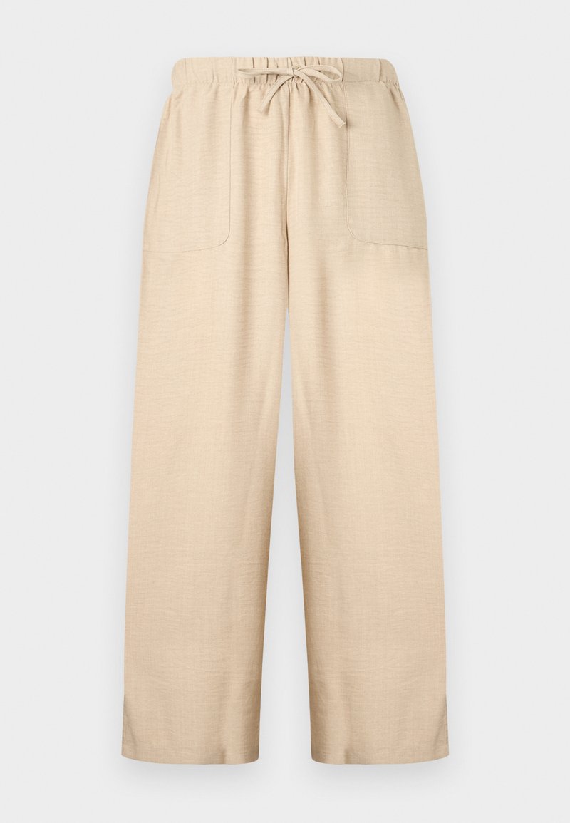 Beige weite Hose mit elastischem Bund, verstellbarem Kordelzug und zwei aufgesetzten Fronttaschen aus leichtem, strukturiertem Stoff.