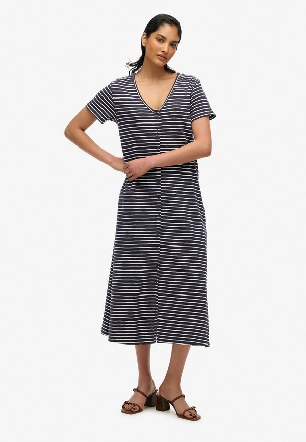Superdry & Co SHORT SLEEVE BUTTON THROUGH MIDI - Jersey dress - navy optic stripe