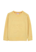 Gelbes Baumwollsweatshirt mit geprägtem "HUGO"-Logo, geripptem Rundhalsausschnitt und gestickten Details an den Ärmeln und dem Saum.