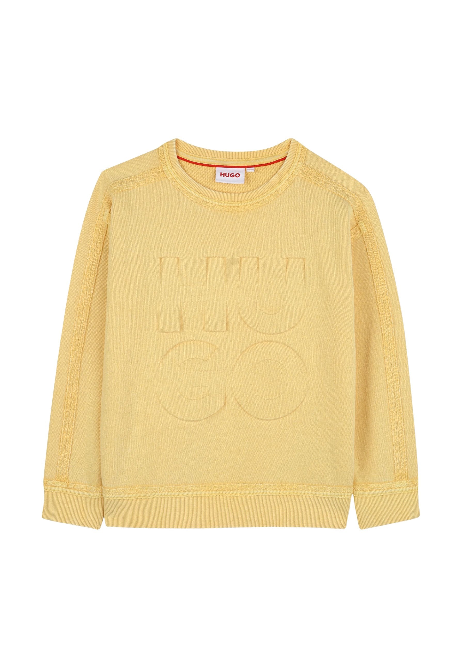 Gelbes Baumwollsweatshirt mit geprägtem "HUGO"-Logo, geripptem Rundhalsausschnitt und gestickten Details an den Ärmeln und dem Saum.
