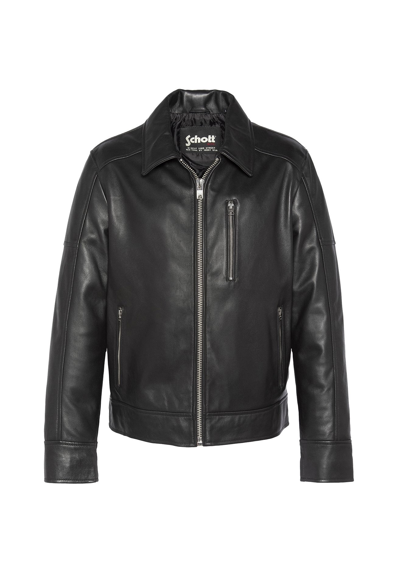 Schwarze Lederjacke mit einem Reißverschluss vorne, breitem Kragen und zwei Seitentaschen. Verfügt über eine Reißverschlusstasche auf der Brust und eine glatte Oberfläche.