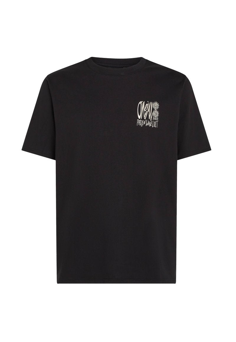 Schwarzes Baumwoll-T-Shirt mit kurzen Ärmeln, Rundhalsausschnitt, ausgestattet mit einem kleinen grafischen Druck in weißer Schrift auf der linken Brustseite.