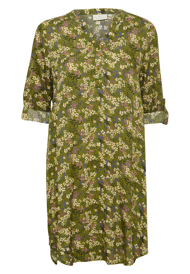 Blumenkleid in Grün mit V-Ausschnitt, Knöpfen und gerollten Ärmeln. Verfügt über weiße, rosa und blaue Blumenmuster auf einem weichen, leichten Stoff.