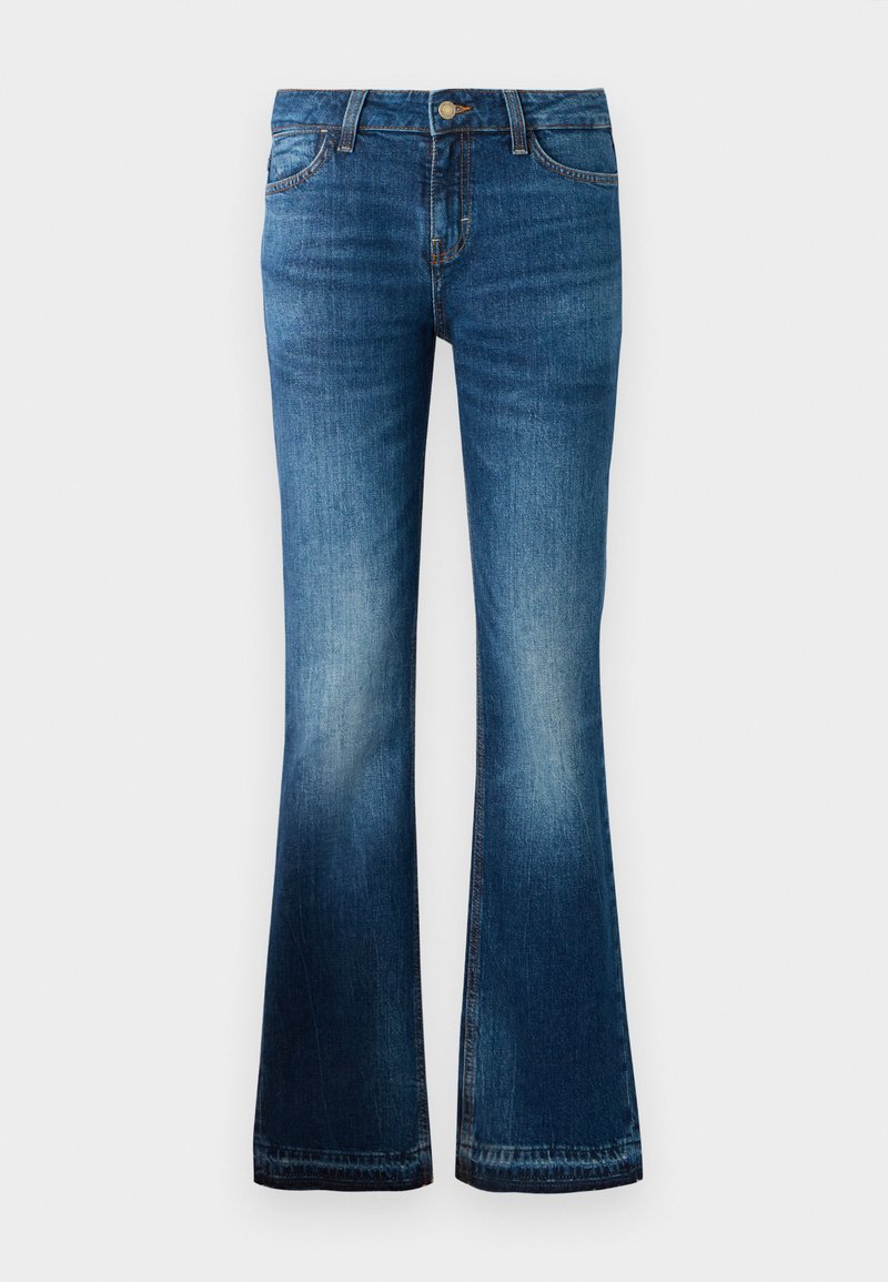 Blaue Jeans aus Denim mit leichtem Schlag, vorderem Knopf und Taschen, mit verwaschenen Stellen an Oberschenkeln und Knien.