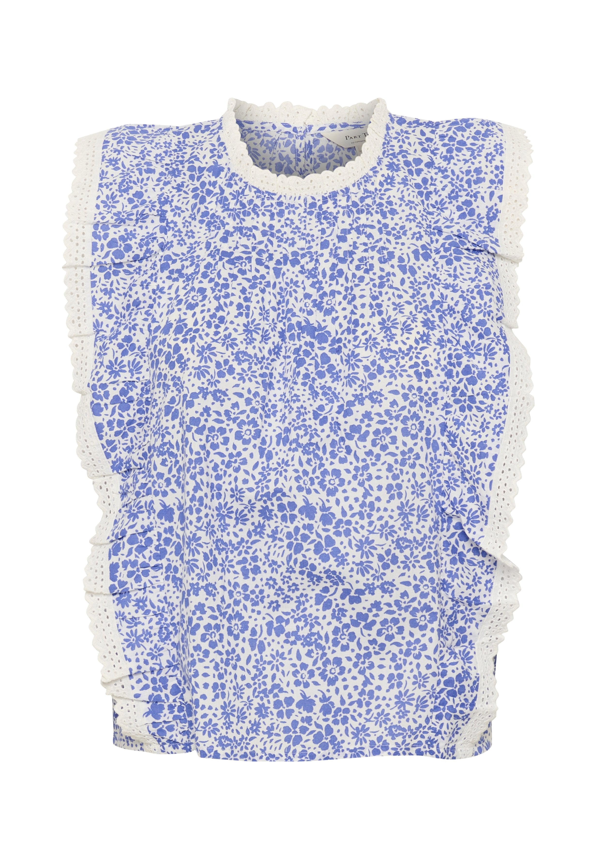 Bluse mit floralem Muster in Weiß und Blau, ausgestattet mit einem gewellten Ausschnitt und Rüschendetails an den Seiten, aus leichtem Stoff gefertigt.