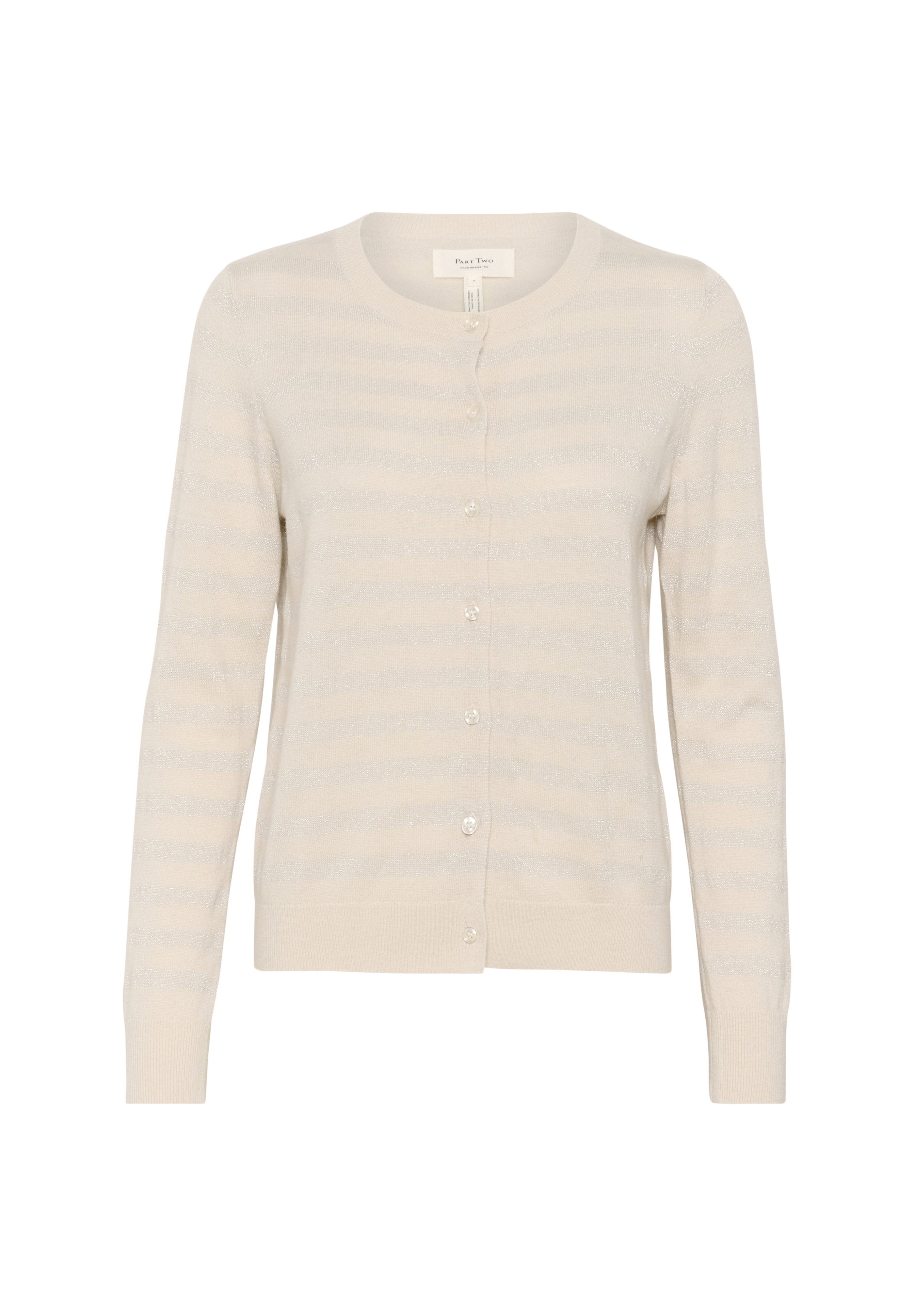 Beige Cardigan mit weicher Textur, ausgestattet mit horizontalen hellen Streifen und sechs vorderen Knöpfen. Rundhalsausschnitt und lange Ärmel.
