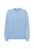 Hellblauer gestrickter Pullover mit Rundhalsausschnitt, überschnittenen Schultern und gerippten Bündchen. Weicher, strukturierten Stoff mit einem entspannten Schnitt.