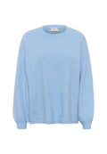 Hellblauer gestrickter Pullover mit Rundhalsausschnitt, überschnittenen Schultern und gerippten Bündchen. Weicher, strukturierten Stoff mit einem entspannten Schnitt.