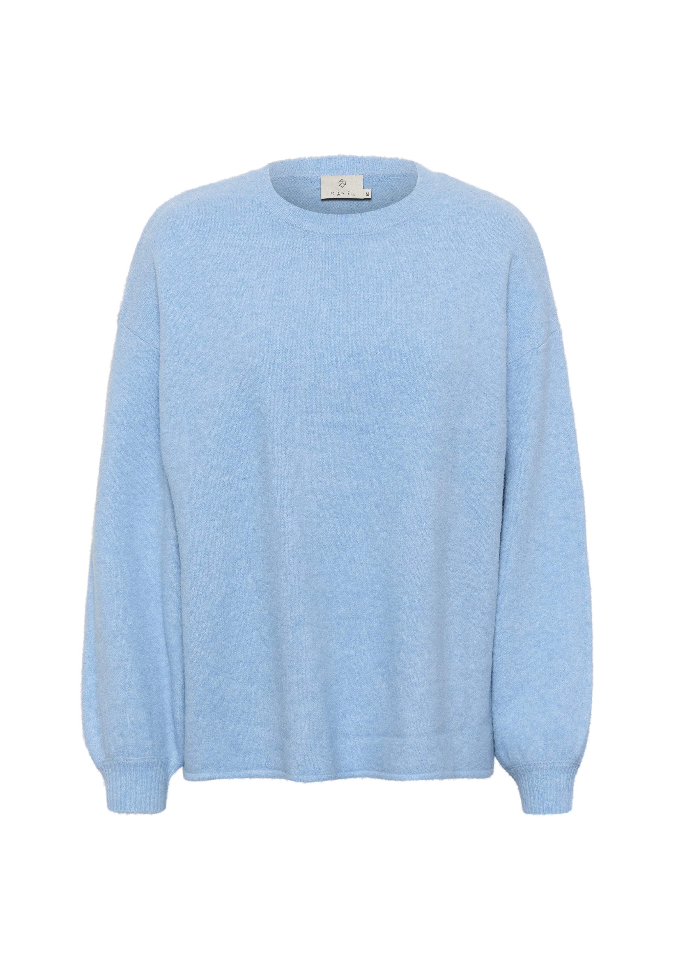 Hellblauer gestrickter Pullover mit Rundhalsausschnitt, überschnittenen Schultern und gerippten Bündchen. Weicher, strukturierten Stoff mit einem entspannten Schnitt.