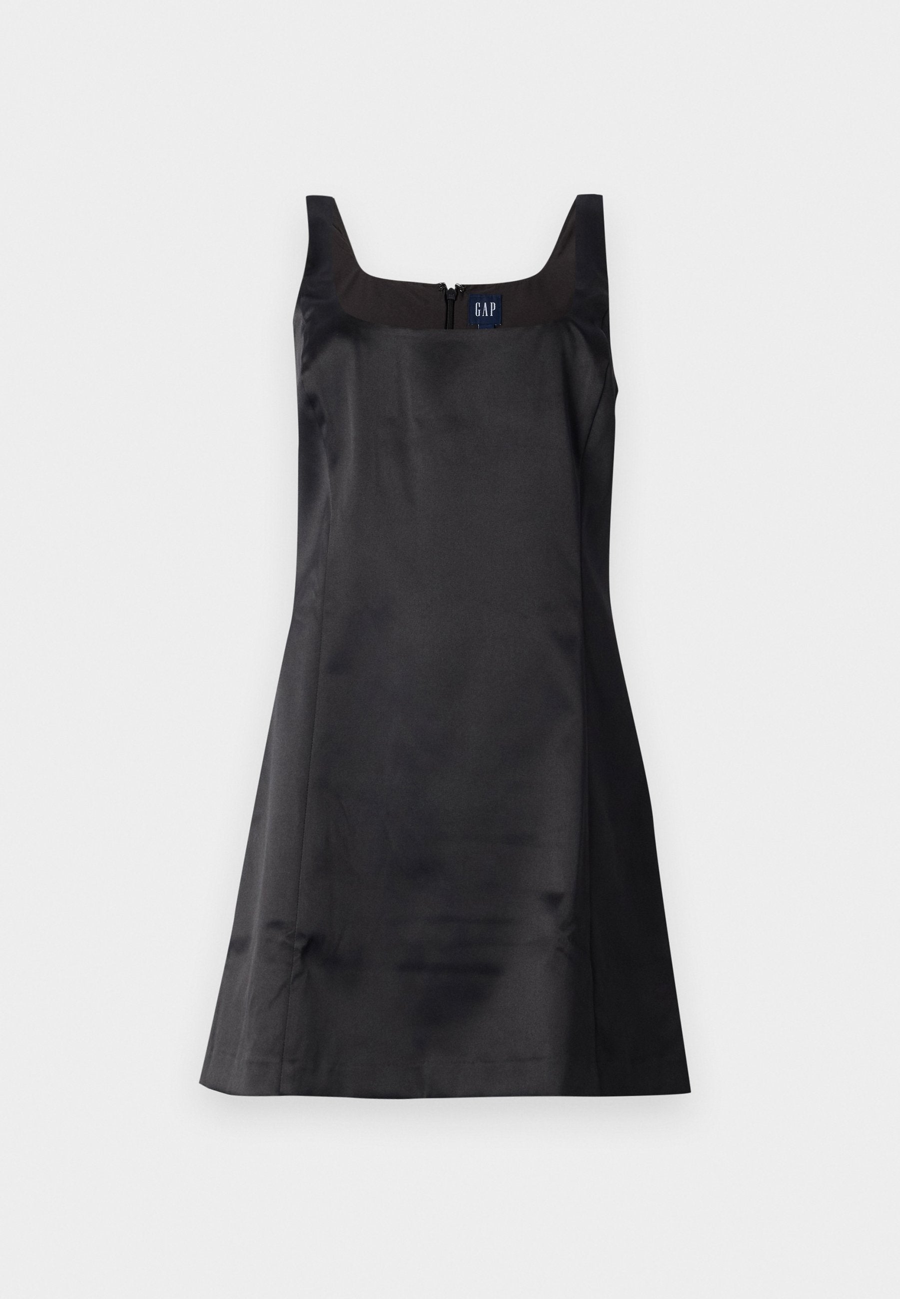 Ärmelloses schwarzes Kleid aus glattem Stoff mit einem quadratischen Ausschnitt und einem Reißverschluss auf der Rückseite; verfügt über einen figurbetonten Oberteil und einen ausladenden Rock.