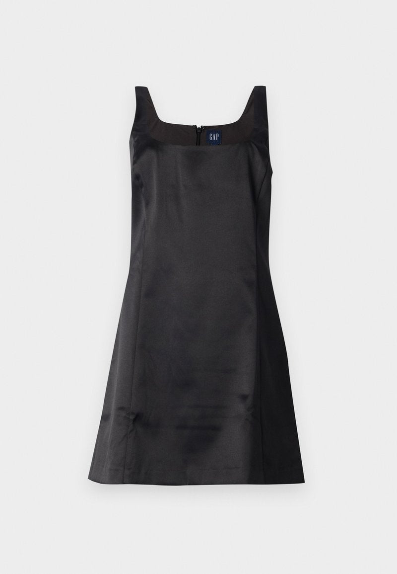 Ärmelloses schwarzes Kleid aus glattem Stoff mit einem quadratischen Ausschnitt und einem Reißverschluss auf der Rückseite; verfügt über einen figurbetonten Oberteil und einen ausladenden Rock.