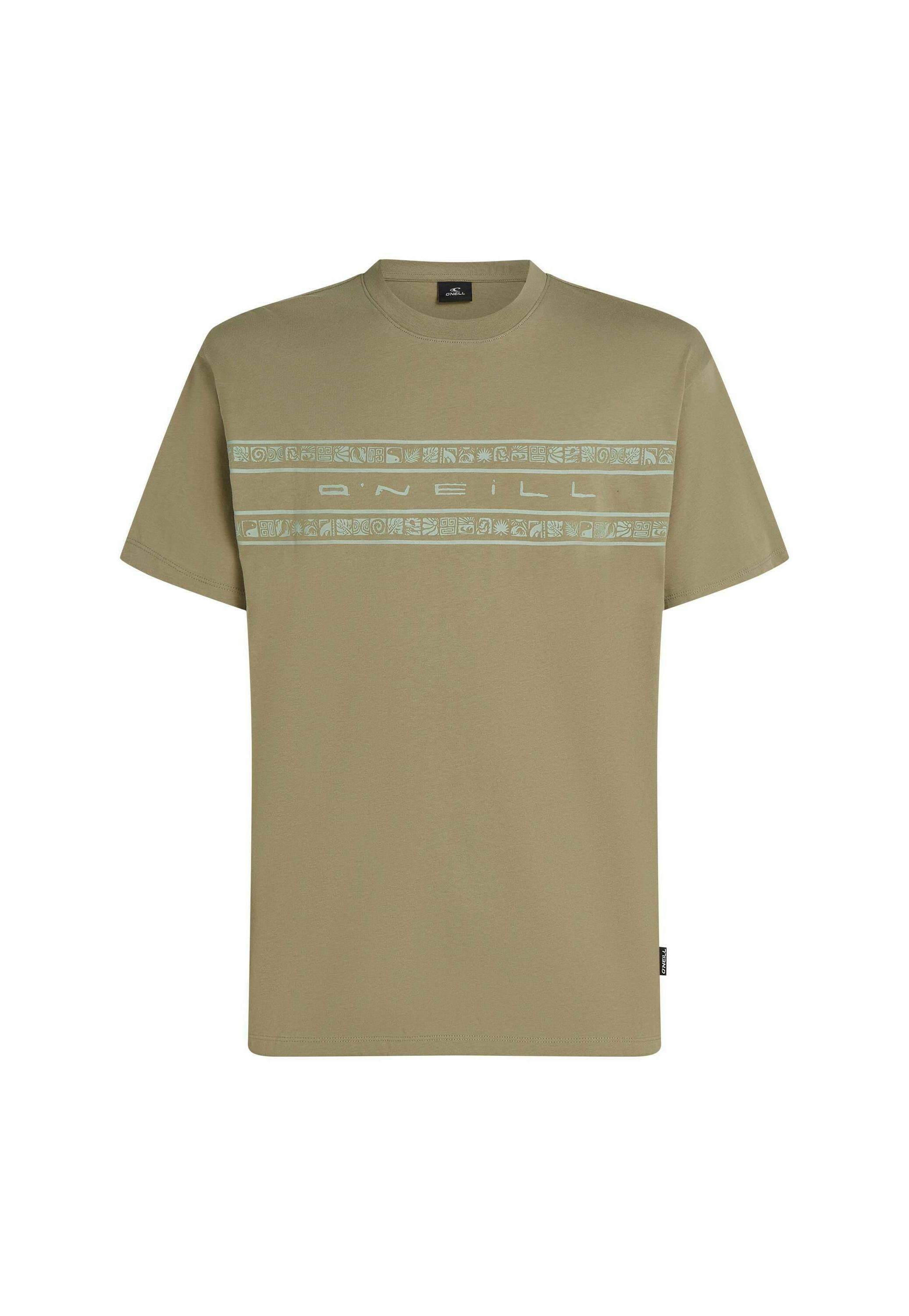 Olivgrünes T-Shirt aus Baumwolle mit Rundhalsausschnitt. Verfügt über einen hellblauen, gemusterten horizontalen Streifen und ein Logo über der Brust.