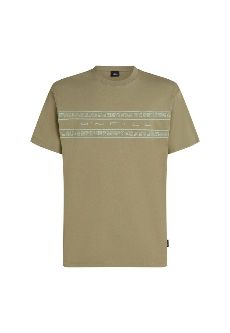 Olivgrünes T-Shirt aus Baumwolle mit Rundhalsausschnitt. Verfügt über einen hellblauen, gemusterten horizontalen Streifen und ein Logo über der Brust.