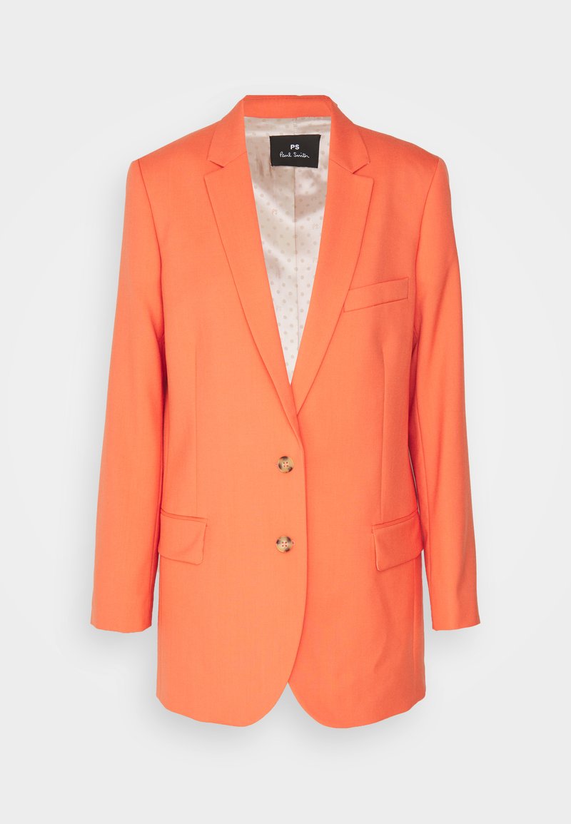 Orangen Blazer mit Reverskragen, zwei Knöpfen und seitlichen Taschen. Das Innere verfügt über ein leicht gemustertes Futter. Taillierte Passform, glatte Textur.