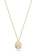 Goldene Kette mit ovalem Anhänger, der einen Hintergrund aus Perlmuttschimmer und einen erhabenen goldenen Buchstaben "A" in der Mitte zeigt.