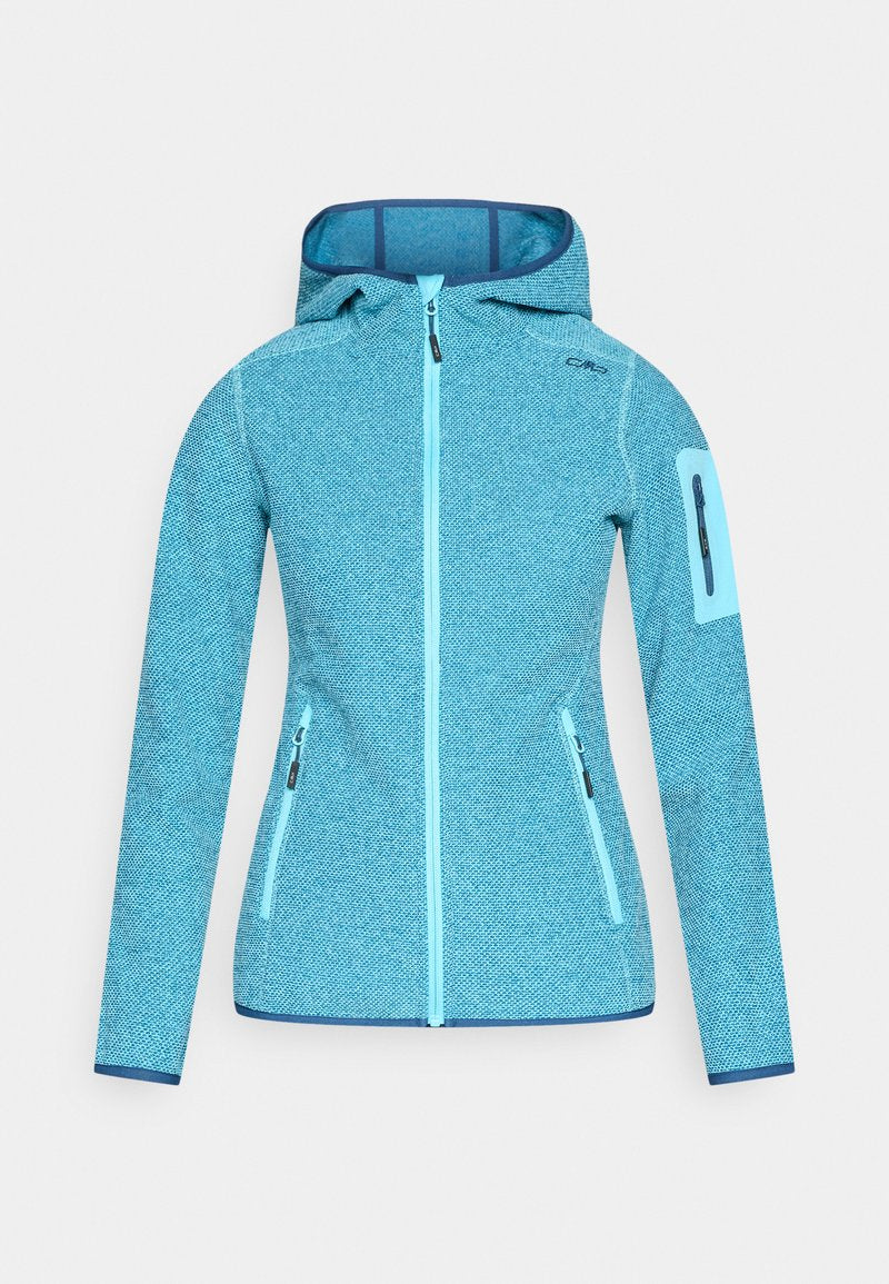 Hellblauer strukturierter Hoodie mit Reißverschluss, Front- und Arm-Reißverschlusstaschen, dunkelblauen Einsätzen und tailliertem Schnitt.