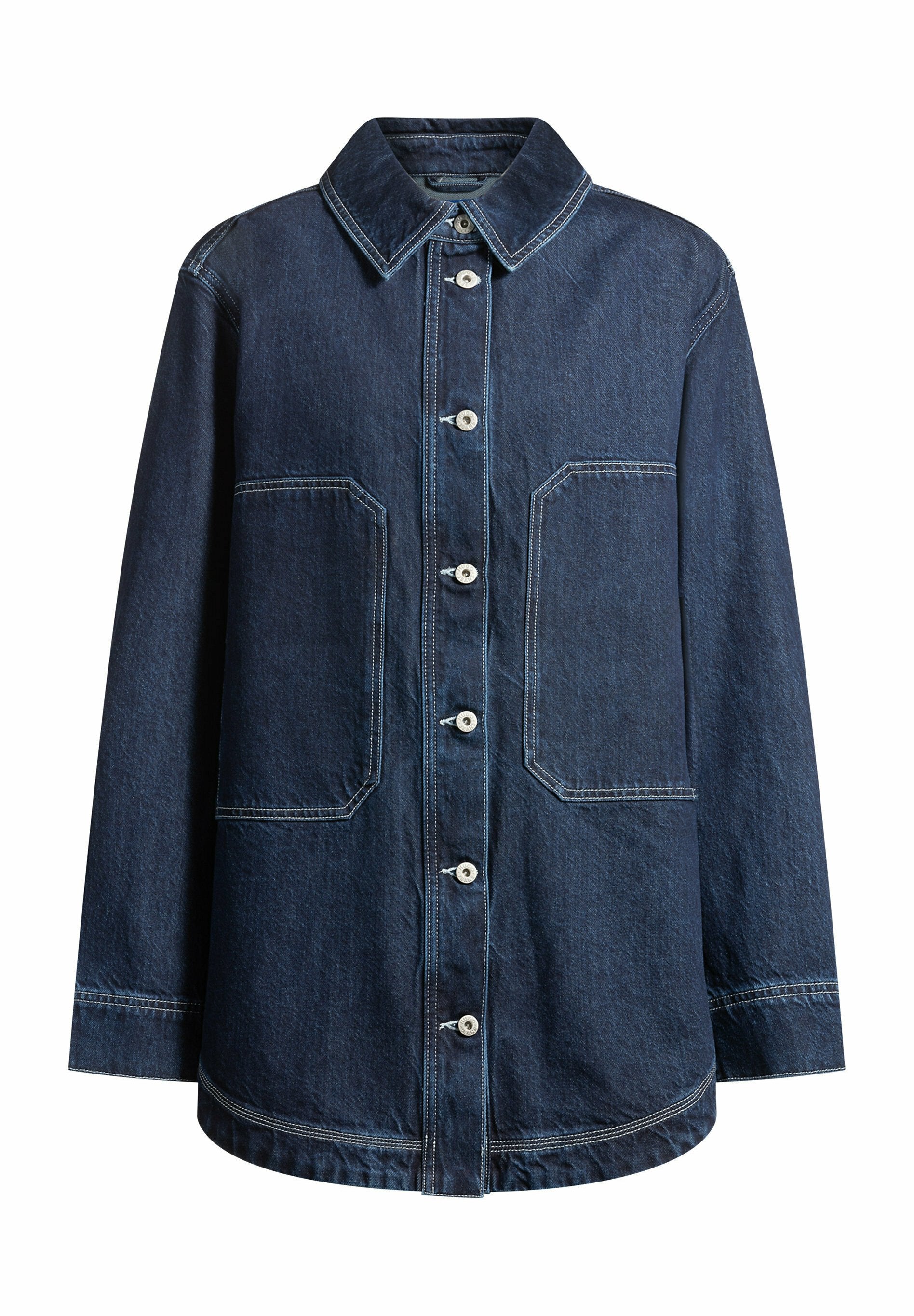 Dunkelblaues Jeansjacke mit Kragen, durchgehender Knopfleiste, zwei großen aufgesetzten Fronttaschen und kontrastierenden Nähten. Lockerer Schnitt.