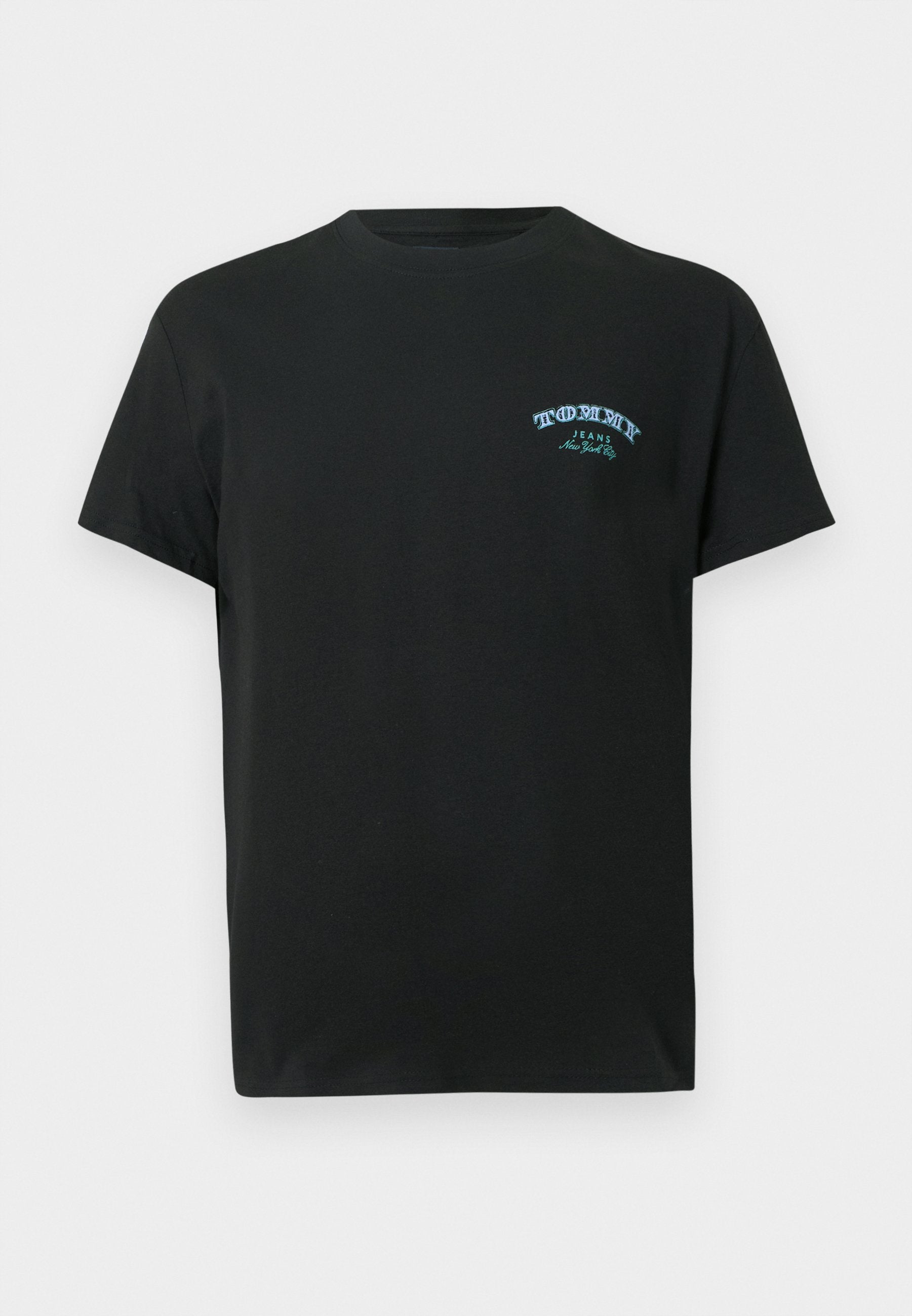 Schwarzes Baumwoll-T-Shirt mit Rundhalsausschnitt und kurzen Ärmeln, versehen mit türkisfarbigem, gesticktem Text auf der Brust. Klassische Passform und glatte Textur.