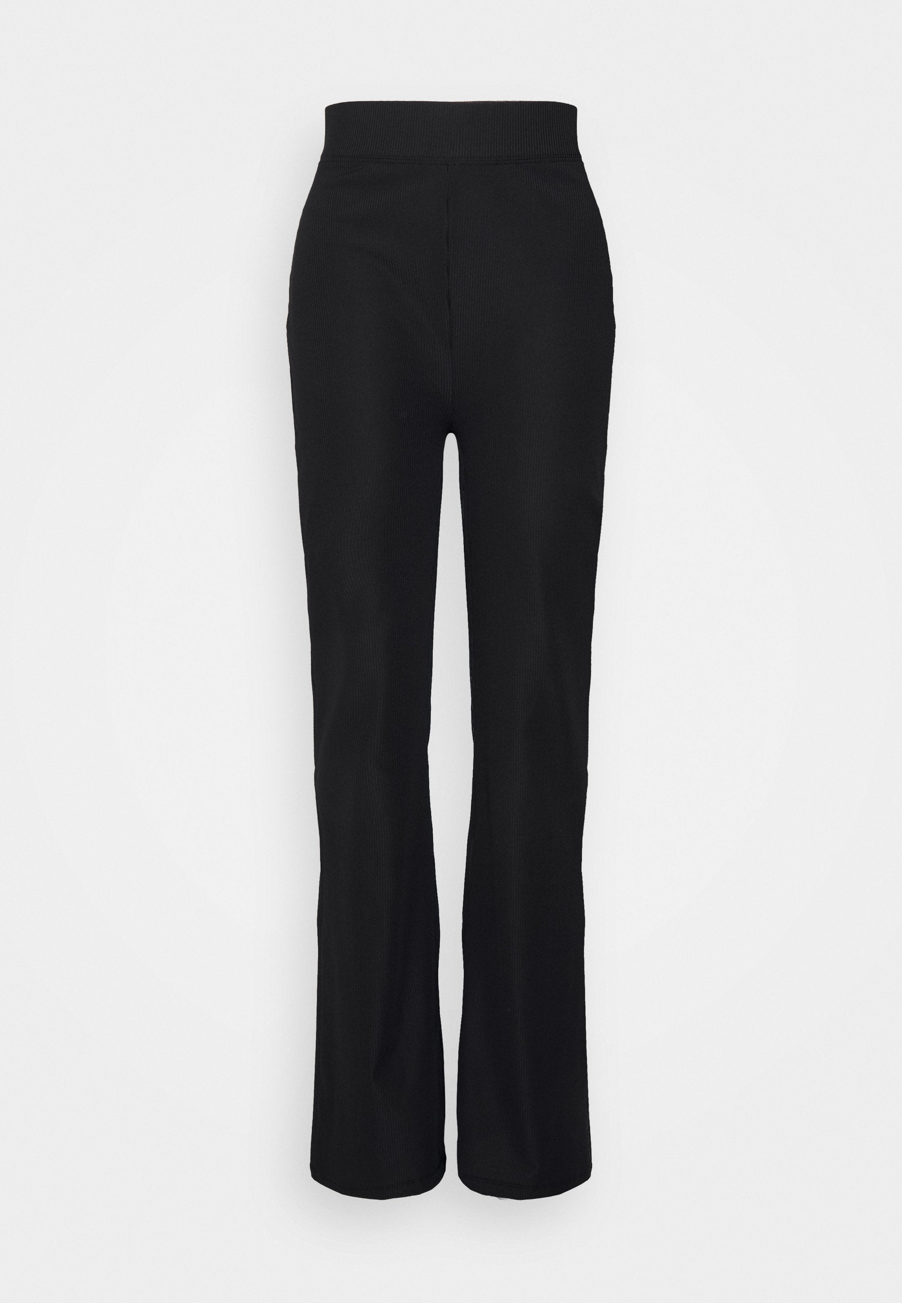 Schwarze weit ausgestellte Hose mit glatter Textur und breitem Bund. Hergestellt aus dehnbarem Material, das für eine bequeme Passform sorgt.