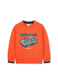 Oranges Sweatshirt aus Baumwolle mit Rundhalsausschnitt, gerippten Bündchen und einem grafischen Aufdruck eines Retro-Trucks und Sneakers. Enthält marineblaue Akzente.