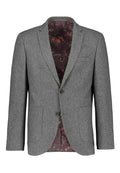 Grau karierter Blazer mit Reverskragen, zwei vorderen Taschen und zwei Knöpfen. Das dunkle Blumenmuster-Futter ist innen sichtbar.