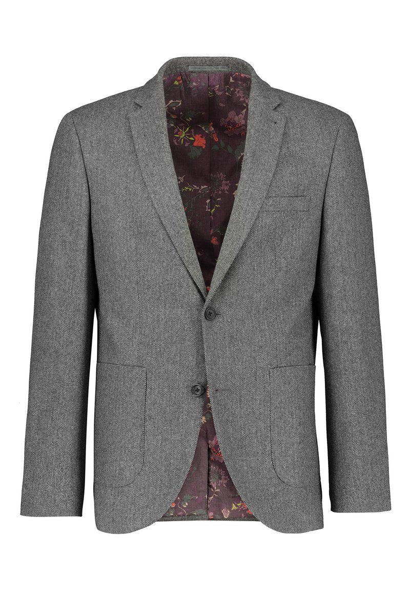 Grau karierter Blazer mit Reverskragen, zwei vorderen Taschen und zwei Knöpfen. Das dunkle Blumenmuster-Futter ist innen sichtbar.