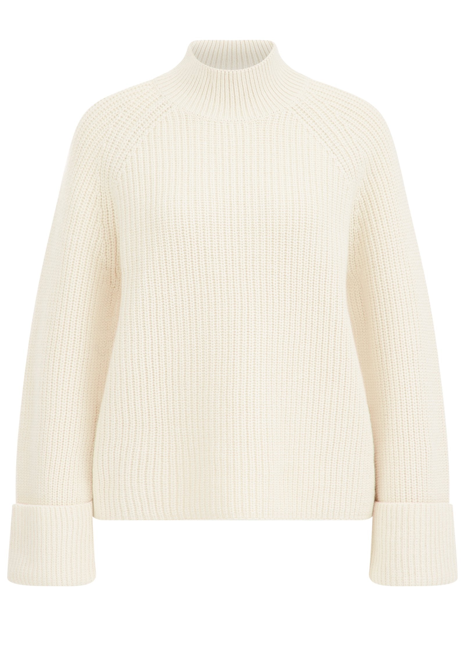 Kuscheliger, gestrickter Pullover in Off-White mit hohem Kragen, Raglanärmeln und breiten, umgeschlagenen Bündchen; strukturiertes Muster durchgängig.