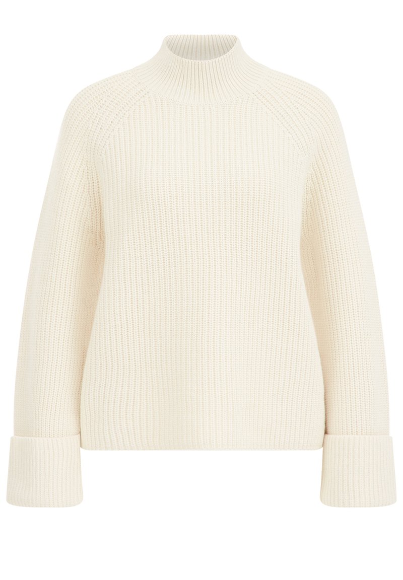 Kuscheliger, gestrickter Pullover in Off-White mit hohem Kragen, Raglanärmeln und breiten, umgeschlagenen Bündchen; strukturiertes Muster durchgängig.