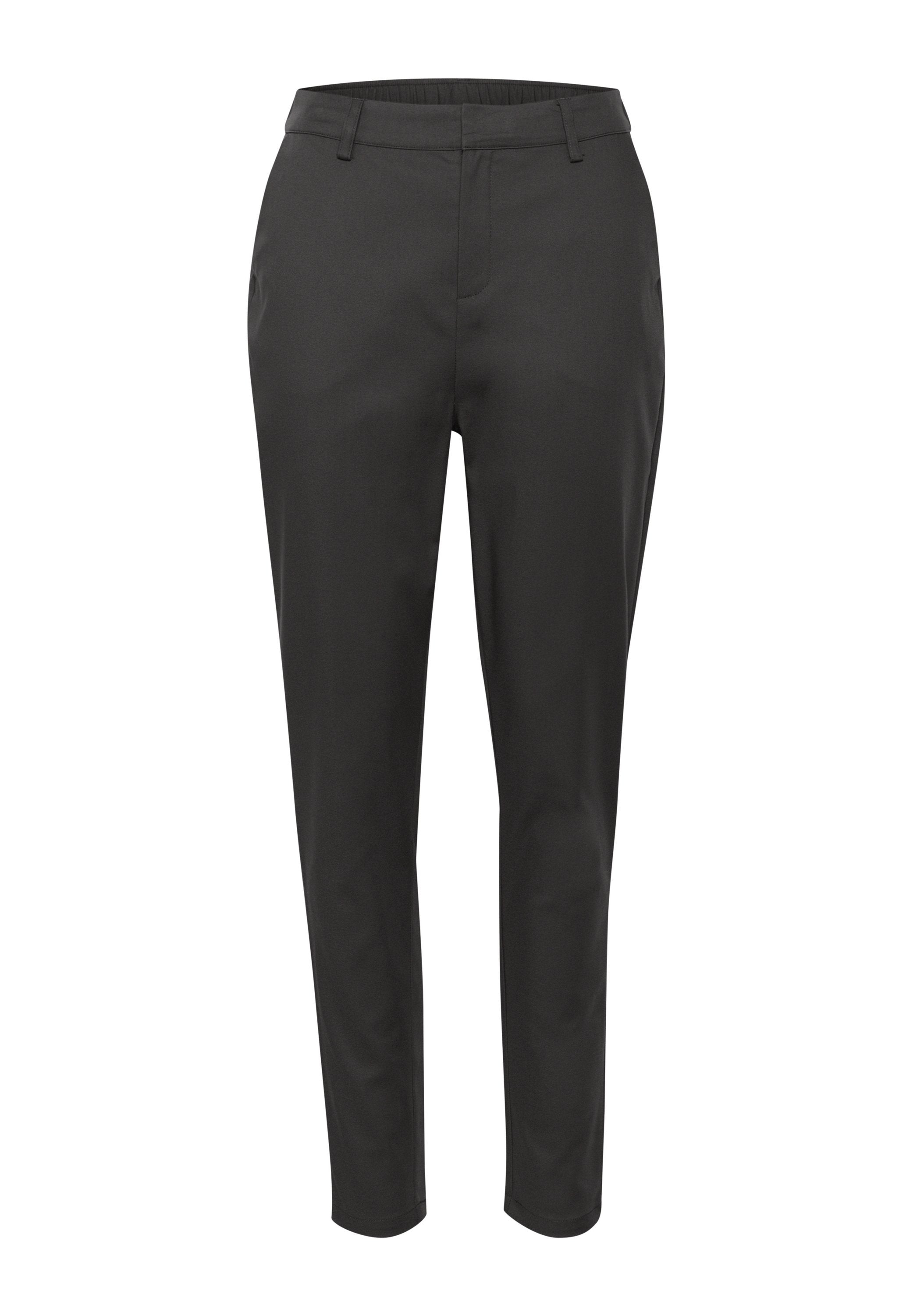 Schwarze maßgeschneiderte Hose mit glatter, mattierter Textur, gerade geschnitten und mit einer mittelhohen Taille. Keine sichtbaren Taschen oder Verzierungen.